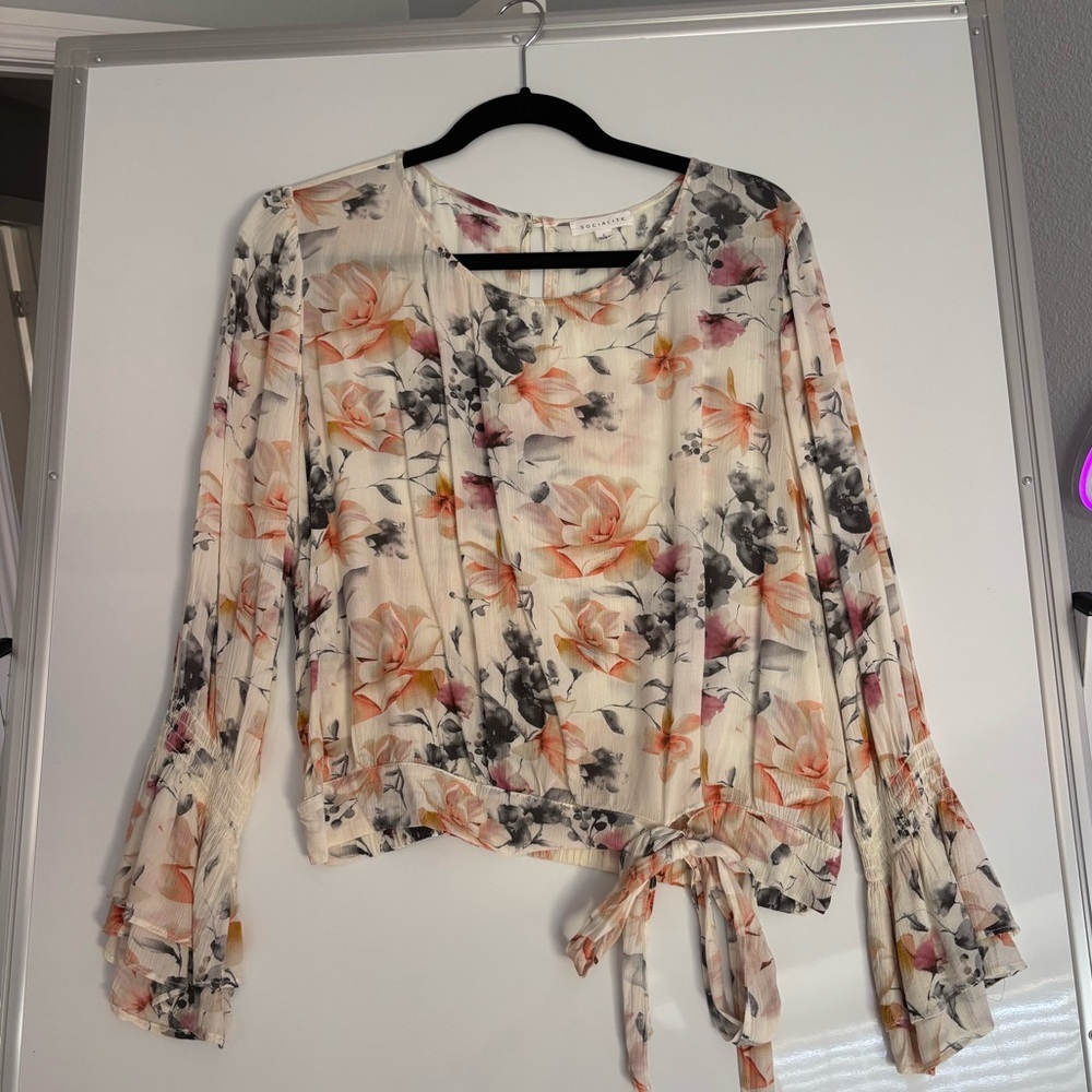 Socialite Cream Floral Cropped Blouse with Tie Detail